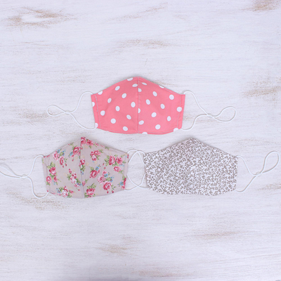 Cotton face masks, 'Rosy Dots and Posies' (set of 3) - 3 Pink-White-Sepia Print Ear Loop Cotton Face Masks Set