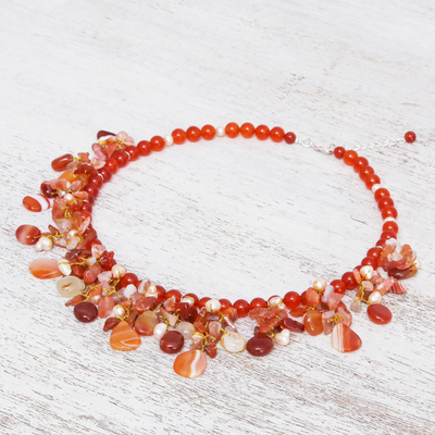 Multi-gemstone waterfall necklace, 'Peach Tone Beauty' - Artisan Crafted Pearl-Chalcedony-Carnelian Necklace