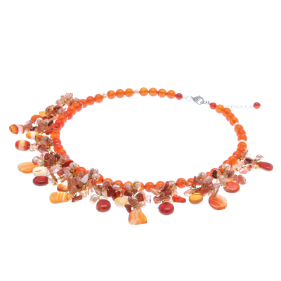 Multi-gemstone waterfall necklace, 'Peach Tone Beauty' - Artisan Crafted Pearl-Chalcedony-Carnelian Necklace