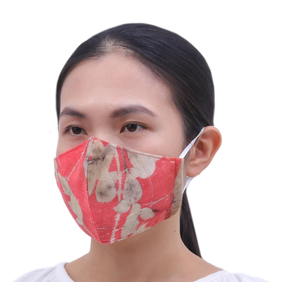 Cotton face masks, 'Bright Nature' (set of 3) - 3 Eco-Dyed Red-Blue-Ivory Print Cotton 3-Layer Face Masks