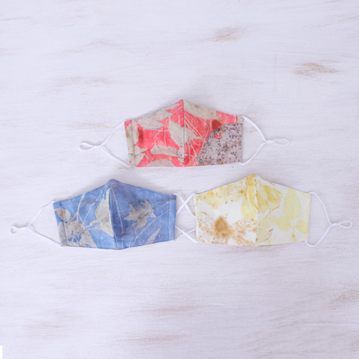 Cotton face masks, 'Bright Nature' (set of 3) - 3 Eco-Dyed Red-Blue-Ivory Print Cotton 3-Layer Face Masks