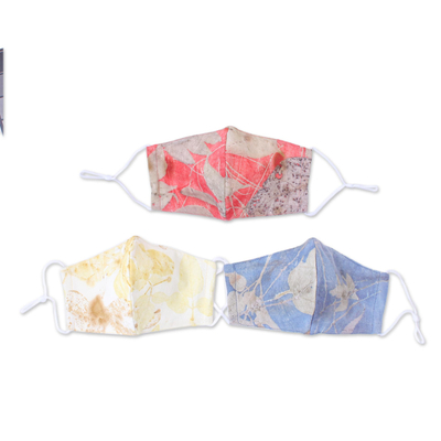 Gesichtsmasken aus Baumwolle, (3er-Set) - 3 3-lagige Gesichtsmasken aus ökogefärbter Baumwolle mit rot-blau-elfenbeinfarbenem Aufdruck