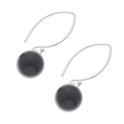 Onyx dangle earrings, 'Mood at Midnight' - Black Onyx Bead Sterling Silver Dangle Earrings