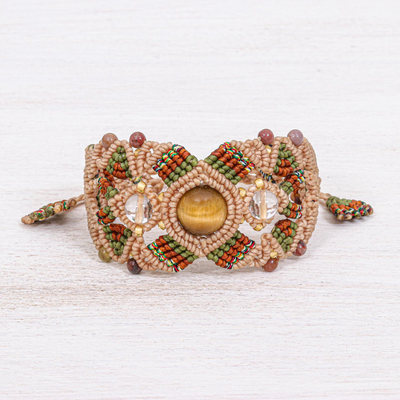 Multi-gemstone cord bracelet, 'Bohemian Nature in Beige' - Multi-gemstone Cord Bracelet with Sliding Knot Closure