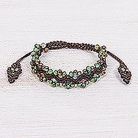 Agate beaded macrame bracelet, 'Shiny Forest in Dark Brown'