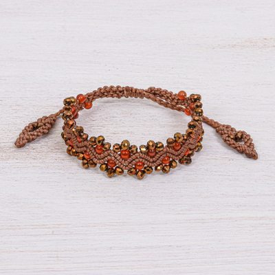 Carnelian beaded macrame bracelet, 'Shiny Forest in Brown/Orange' - Carnelian Beaded Macrame Bracelet with Sliding Knot