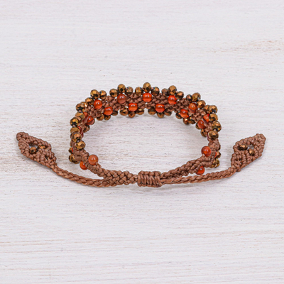 Carnelian beaded macrame bracelet, 'Shiny Forest in Brown/Orange' - Carnelian Beaded Macrame Bracelet with Sliding Knot