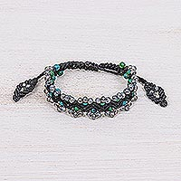 Agate beaded macrame bracelet, 'Shiny Forest in Black' - Serpentine Beaded Cord Bracelet with Sliding Knot