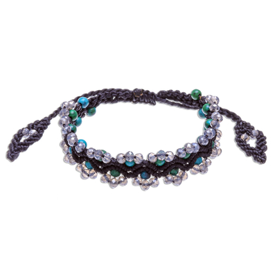 Agate beaded macrame bracelet, 'Shiny Forest in Black' - Serpentine Beaded Cord Bracelet with Sliding Knot