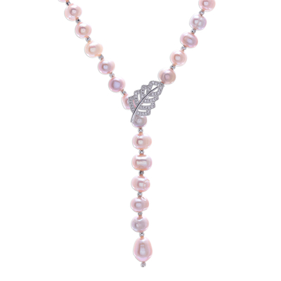 Cultured pearl Y-necklace, 'Beautiful Frond in Pink' - Pink Cultured Pearl Y-Necklace with Cubic Zirconia