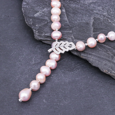 collar en Y de perlas cultivadas - Collar en Y de perlas cultivadas rosas con circonita cúbica