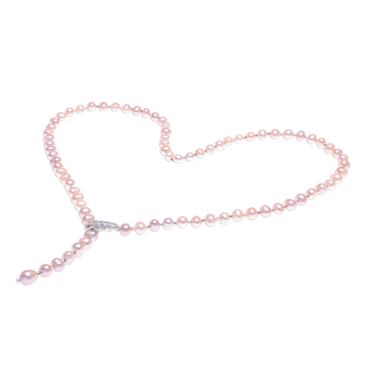 Cultured pearl Y-necklace, 'Beautiful Frond in Pink' - Pink Cultured Pearl Y-Necklace with Cubic Zirconia