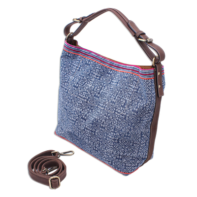 Bolso de hombro batik de algodón con detalles de cuero - Bolso de hombro hmong batik con ribete de piel