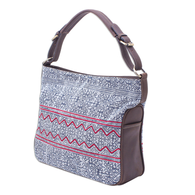 Leather-accented cotton batik shoulder bag, 'Hmong Zigzag' - Hmong Batik and Leather Handbag or Shoulder Bag