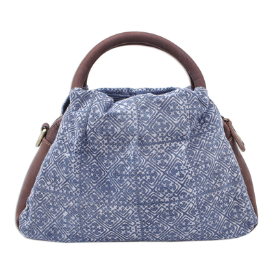 Leather-accented cotton batik handbag, 'Hmong Crossroads' - Leather and Cotton Batik Handbag or Shoulder Bag