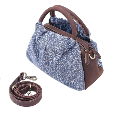 Leather-accented cotton batik handbag, 'Hmong Crossroads' - Leather and Cotton Batik Handbag or Shoulder Bag