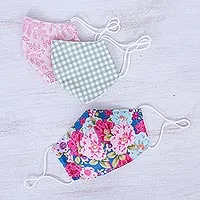 Cotton face masks, 'Happy Spirit' (set of 3) - 3 Handmade Floral & Gingham Cotton Masks with Filter Pockets