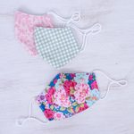 Cotton face masks, 'Happy Spirit' (set of 3) - 3 Handmade Floral & Gingham Cotton Masks with Filter Pockets
