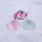 Cotton face masks, 'Happy Spirit' (set of 3) - 3 Handmade Floral & Gingham Cotton Masks with Filter Pockets