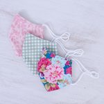 Cotton face masks, 'Happy Spirit' (set of 3) - 3 Handmade Floral & Gingham Cotton Masks with Filter Pockets