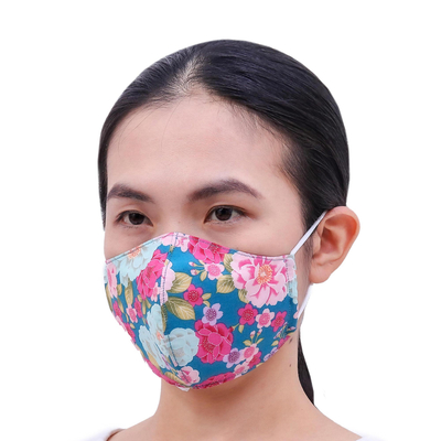 Cotton face masks, 'Happy Spirit' (set of 3) - 3 Handmade Floral & Gingham Cotton Masks with Filter Pockets