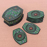 Lacquered wood coaster set, 'Nature's Revelation in Green' (set of 6)