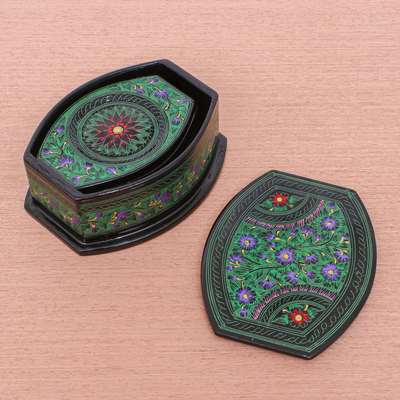 Lacquered wood coaster set, 'Nature's Revelation in Green' (set of 6) - Hand Crafted Thai Lacquerware Coaster Set (Set of 6)
