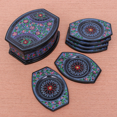 Lacquered wood coaster set, 'Nature's Revelation in Blue' (set of 6) - Handmade Lacquerware Coasters from Thailand (Set of 6)