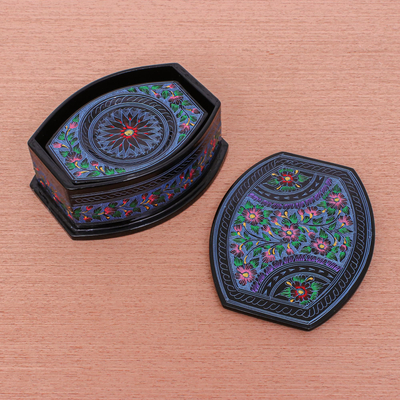 Lacquered wood coaster set, 'Nature's Revelation in Blue' (set of 6) - Handmade Lacquerware Coasters from Thailand (Set of 6)