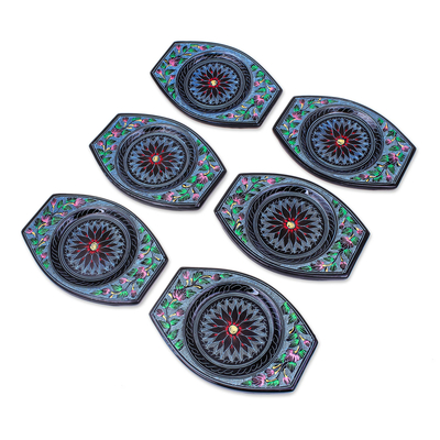 Lacquered wood coaster set, 'Nature's Revelation in Blue' (set of 6) - Handmade Lacquerware Coasters from Thailand (Set of 6)