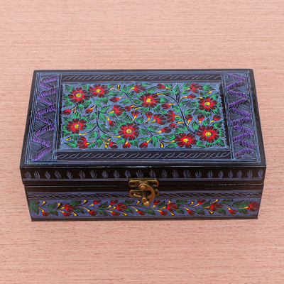 Lacquered wood jewelry box, 'Red Daisies' - Handcrafted Red & Black Floral Thai Lacquered Jewelry Box