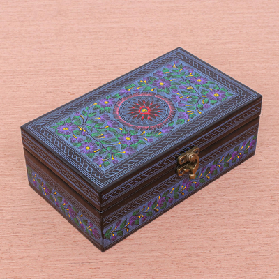 Lacquered wood jewelry box, 'Chiang Mai Violets' - Handcrafted Violet Theme Thai Lacquered Wood Jewelry Box