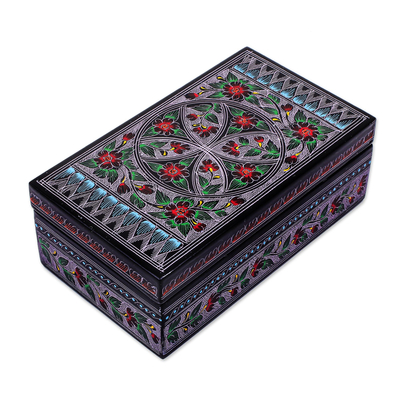 Lackierte Holzkiste, 'Poppy Pinwheel'. - Handgefertigte Schachtel aus lackiertem Holz mit Mohnblüten-Thai