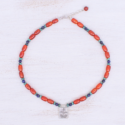 Multi-gemstone beaded pendant necklace, 'Tangerine Love' - Multi-Gemstone Beaded Pendant Necklace
