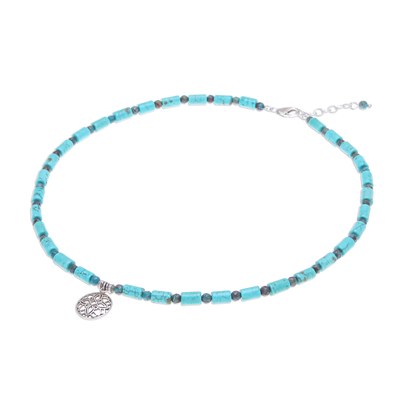 Multi-gemstone beaded pendant necklace, 'Bluestone' - Multi-Gemstone Beaded Sterling Silver Pendant Necklace