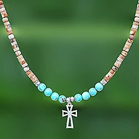 Multi-gemstone beaded pendant necklace, 'Earthy Cross' - Multi-Gemstone Beaded Cross Pendant Necklace