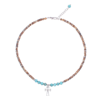 Halskette mit Perlenanhänger und mehreren Edelsteinen - Halskette mit Kreuzanhänger aus Perlen und mehreren Edelsteinen
