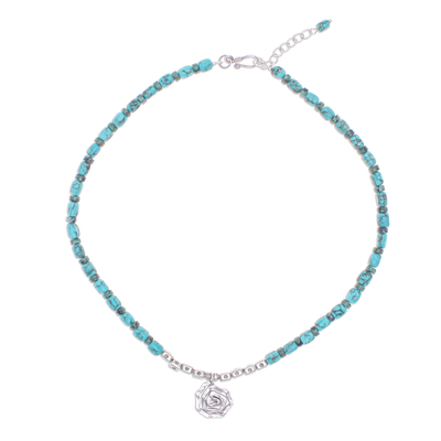 Reconstituted turquoise bead pendant necklace, 'Spiral Sea' - Reconstituted Turquoise Bead Karen Silver Pendant Necklace