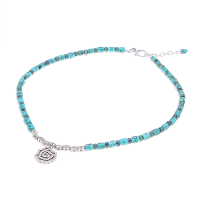 Reconstituted turquoise bead pendant necklace, 'Spiral Sea' - Reconstituted Turquoise Bead Karen Silver Pendant Necklace