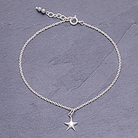 Sterling silver charm anklet, 'Sea Starfish' - Sterling Silver Starfish Hematite Ankle Bracelet