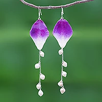 Orchid petal dangle earrings, 'Orchid Kite in Purple' - Real Orchid Petal Dangle Earrings on Silver Hooks