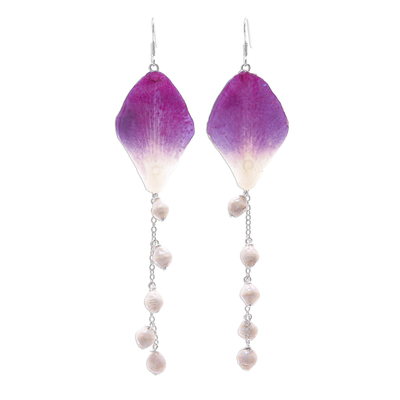 Orchid petal dangle earrings, 'Orchid Kite in Purple' - Real Orchid Petal Dangle Earrings on Silver Hooks