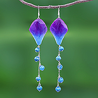 Orchid petal dangle earrings, 'Orchid Kite in Blue' - Blue and Purple Natural Orchid Earrings
