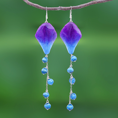 Ohrhänger mit Orchideenblüten - Blaue und lila natürliche Orchideenohrringe