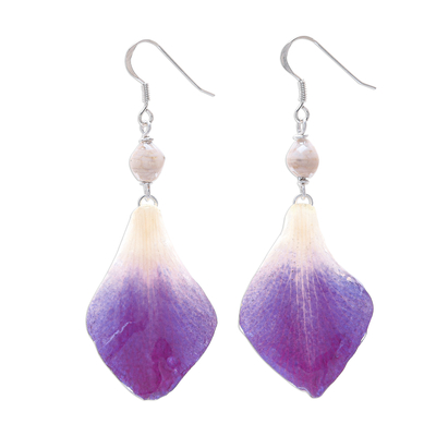 Orchid petal dangle earrings, 'Forever Orchid in Purple' - Purple and White Real Flower Petal Dangle Earrings