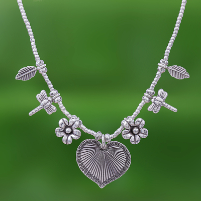 Silver pendant necklace, Heart Garden