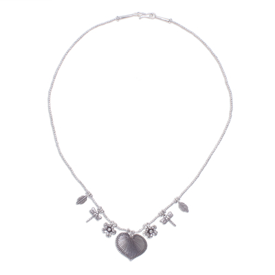 Collar colgante de plata - Collar de corazón de plata 950 con colgante de jardín.