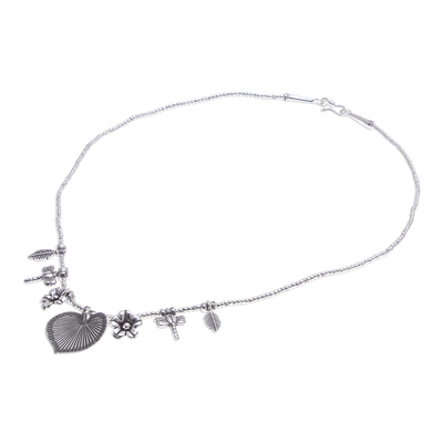 Collar colgante de plata, 'Heart Garden' - 950 Silver Heart Necklace Garden Charm