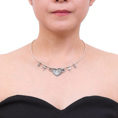 Collar colgante de plata, 'Heart Garden' - 950 Silver Heart Necklace Garden Charm
