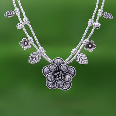 Silver pendant necklace, 'Karen Daisy' - Silver Flower Two Strand Charm Necklace